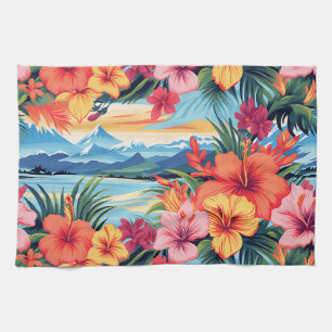 Colorful Tropical Flowers & Landscape Tea Towel