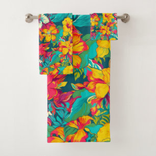Colorful Tropical Flowers Pattern Bath Towel Set