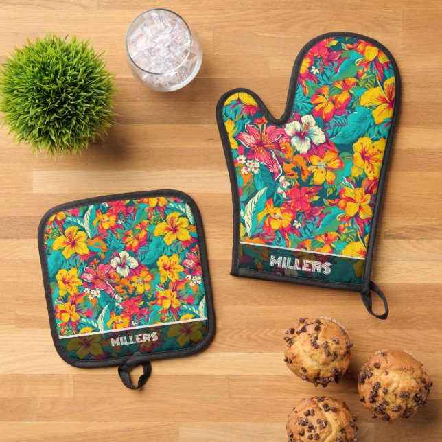 Colorful Tropical Flowers Pattern Oven Mitt & Pot Holder Set (Top Down)