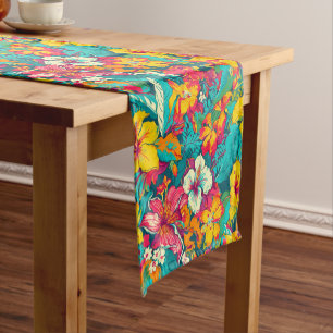 Colorful Tropical Flowers Pattern Short Table Runner