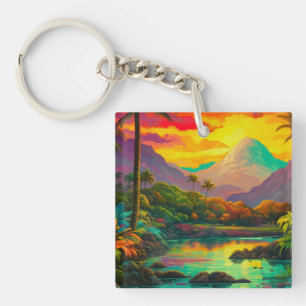 Colorful Tropical Island Paradise Key Ring