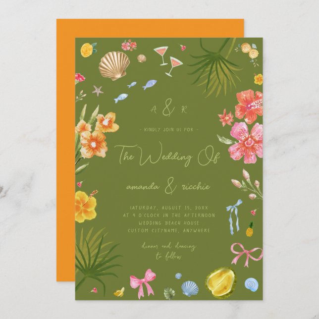 Colorful Tropical Island Whimsical Beach Wedding Invitation (Front/Back)