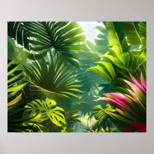 Colorful Tropical Leaves and Hibiscus Flowers Poster