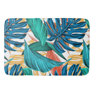 Colorful tropical leaves, exotic pattern design, bath mat