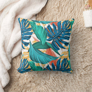 Colorful tropical leaves, exotic pattern design, cushion