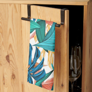 Colorful tropical leaves, exotic pattern design, tea towel