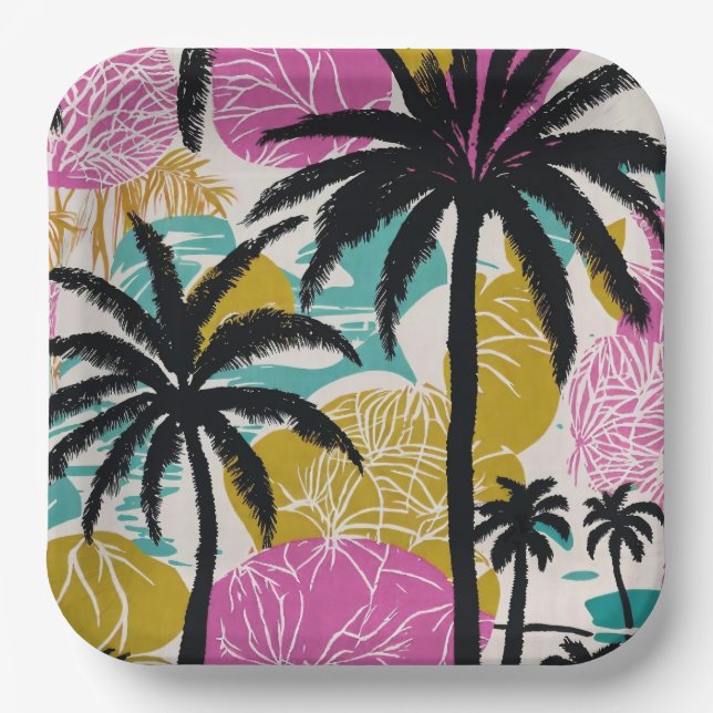 Colorful Tropical Palm Tree Pattern Paper Plate (Front)