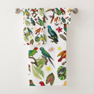 Colorful Tropical Parrots, Leaves & Flowers   Bath Towel Set