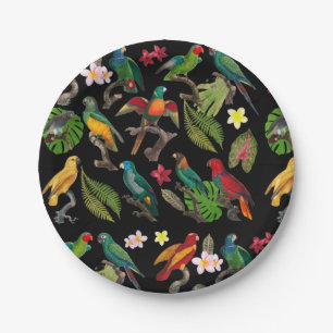 Colorful Tropical Parrots, Leaves & Flowers Paper Plate