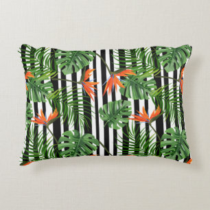 Colorful Tropical Plant, Palm Leaves and Bird Decorative Cushion
