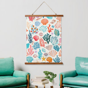 Colorful Tropical Summer Coral Seashell Hanging Tapestry