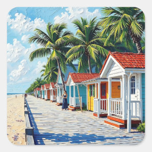 Colorful Tropical Vibrant Beach Huts Square Sticker