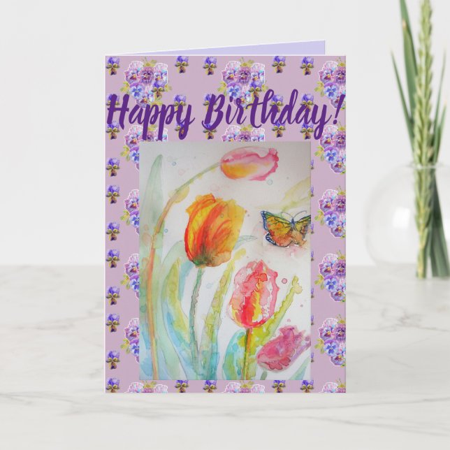 Colorful Tulip and Butterfly Watercolour art Card (Front)