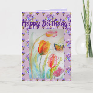 Colorful Tulip and Butterfly Watercolour art Card