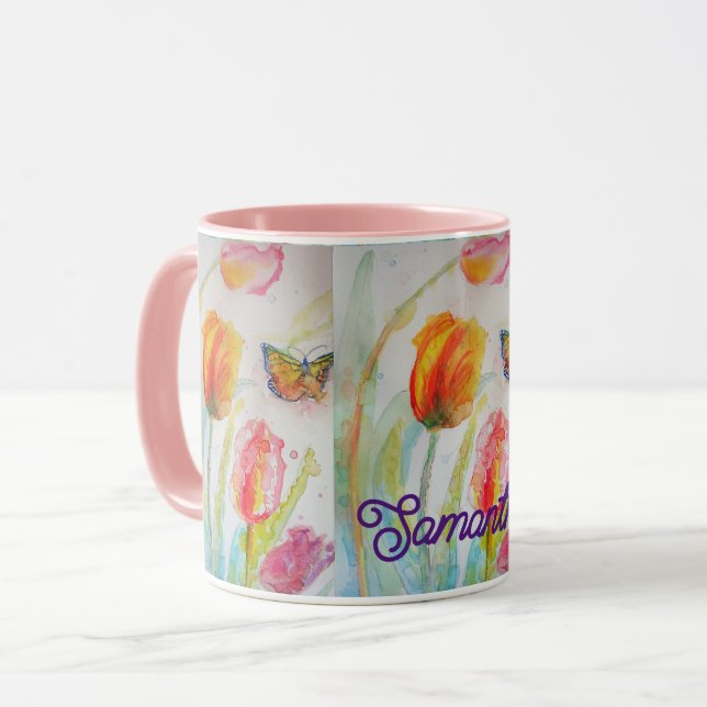 Colorful Tulip Butterfly Watercolor Customizable  Mug (Front Left)