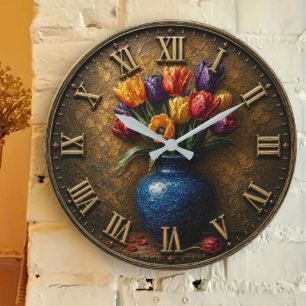 Colorful Tulip Floral Elegant Vintage Tulip Bouque Large Clock
