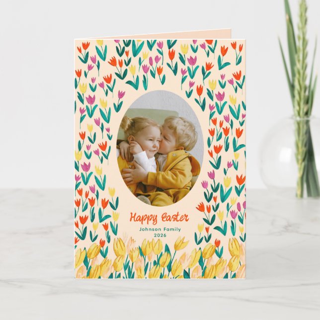 Colorful Tulip Happy Easter Family Photo Greeting Card (Front)