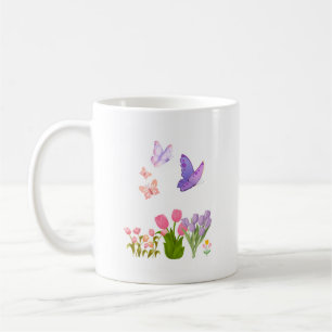 Colorful Tulips & Butterflies Mug – Pink and Purpl
