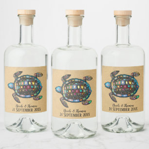 Colorful Turtle Sandy Beach Liquor Bottle Label