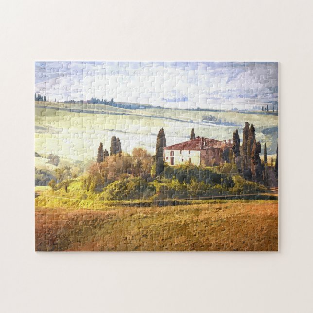 Colorful Tuscany Hills Scenic Landscape Watercolor Jigsaw Puzzle (Horizontal)