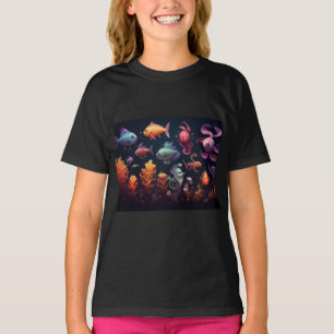 Colorful undersea creatures on black T-Shirt
