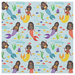 Colorful Undersea Mermaids & Fish on Blue Fabric