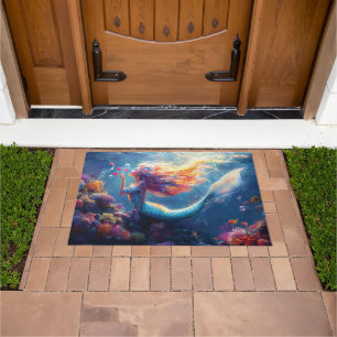 Colorful Underwater Mermaid Illustration Doormat