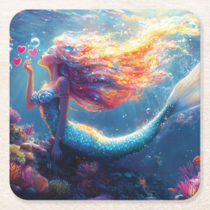 Colorful Underwater Mermaid Illustration Square Paper Coaster