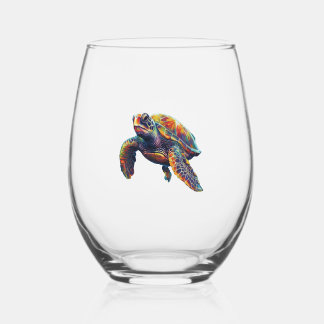 Colorful underwater sea turtle dreamlike beautiful stemless wine glass