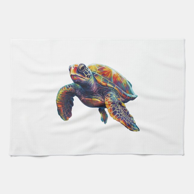 Colorful underwater sea turtle dreamlike beautiful tea towel (Horizontal)