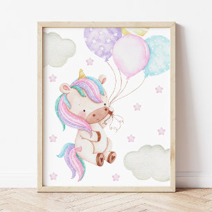 Colorful Unicorn, Balloons, Stars, Girl Nursery Photo Print