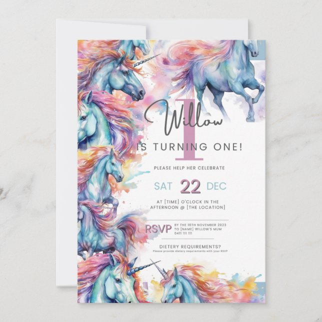 Colorful Unicorn First Birthday Invitation (Front)