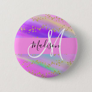 Colorful Unicorn Rainbow Gold Glitter Monogram 6 Cm Round Badge