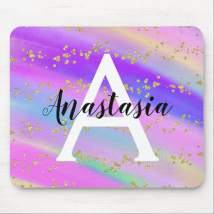 Colorful Unicorn Rainbow Gold Glitter Monogram Mouse Mat