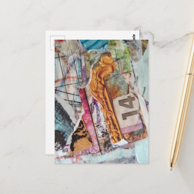 Colorful unique abstract mixed media collage 14 postcard (Front/Back In Situ)