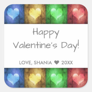 Colorful Valentine's Day Rustic Hearts Square Sticker