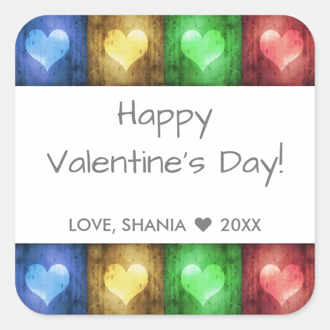 Colorful Valentine's Day Rustic Hearts Square Sticker (Front)
