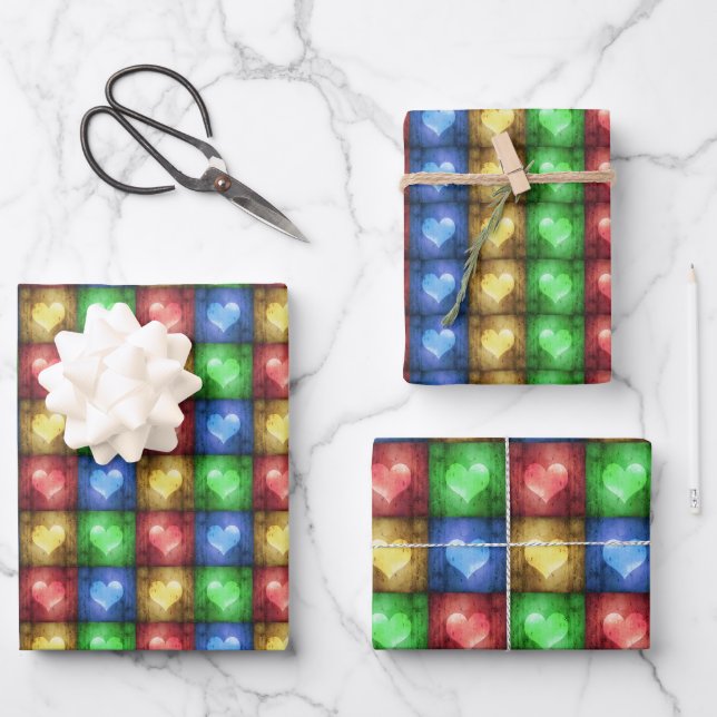 Colorful Valentine's Day Rustic Hearts Wrapping Paper Sheet (Front)