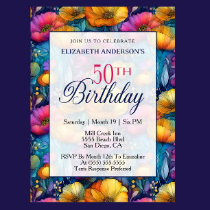 Colorful Vibrant Poppy Flower 50th Birthday Invitation
