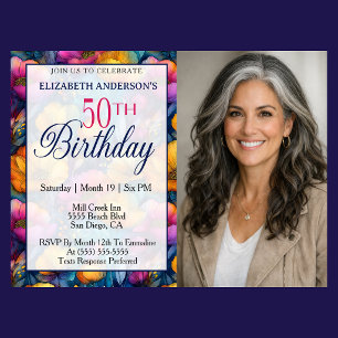 Colorful Vibrant Poppy Flower 50th Birthday Photo Invitation