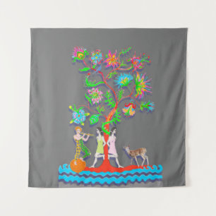 Colorful Vibrant Tree with Figures Tapestry