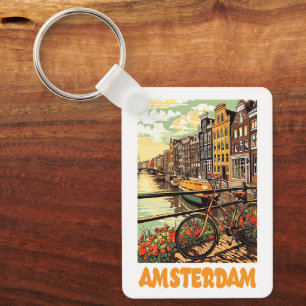 Colorful Vintage Amsterdam Holland Canal City Key Ring
