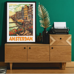 Colorful Vintage Amsterdam Netherlands Canal City  Poster