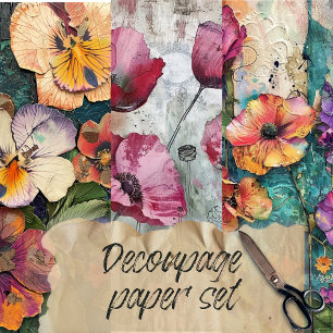 Colorful Vintage Floral Decoupage Rustic Texture Wrapping Paper Sheet