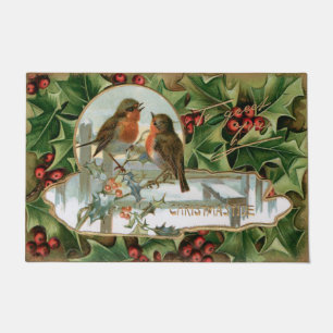 Colorful Vintage Holly, Robins and Greeting Doormat