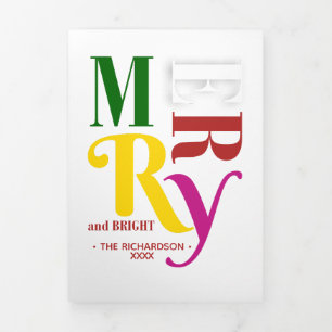 Colorful Vintage Merry & Bright Christmas Photo Tri-Fold Holiday Card