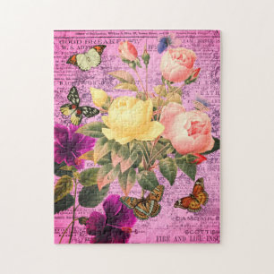 Colorful Vintage Pink & Yellow Roses & Butterflies Jigsaw Puzzle