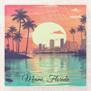 Colorful Vintage Retro Miami Florida Travel Glass Coaster