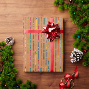 Colorful Vintage Skis on Light Brown Winter Wrapping Paper