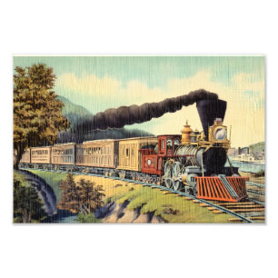 Colorful Vintage Steam Train Art, Postcard Vs 2 Photo Print